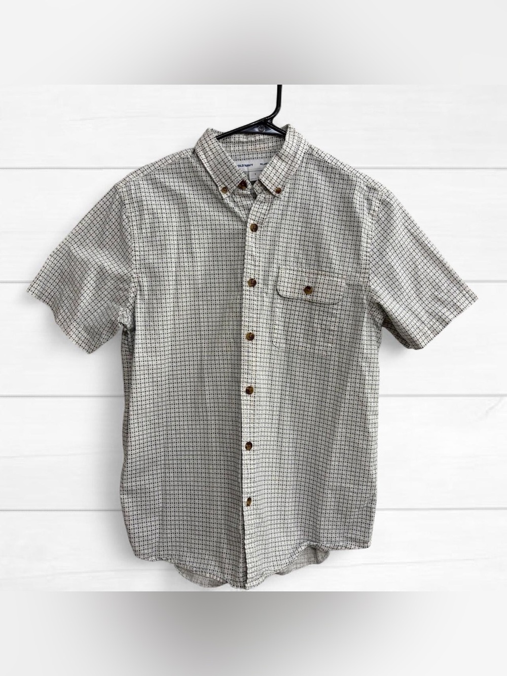 Old Navy Men’s Short-Sleeve Button-Down Shirt - White with Black Grid